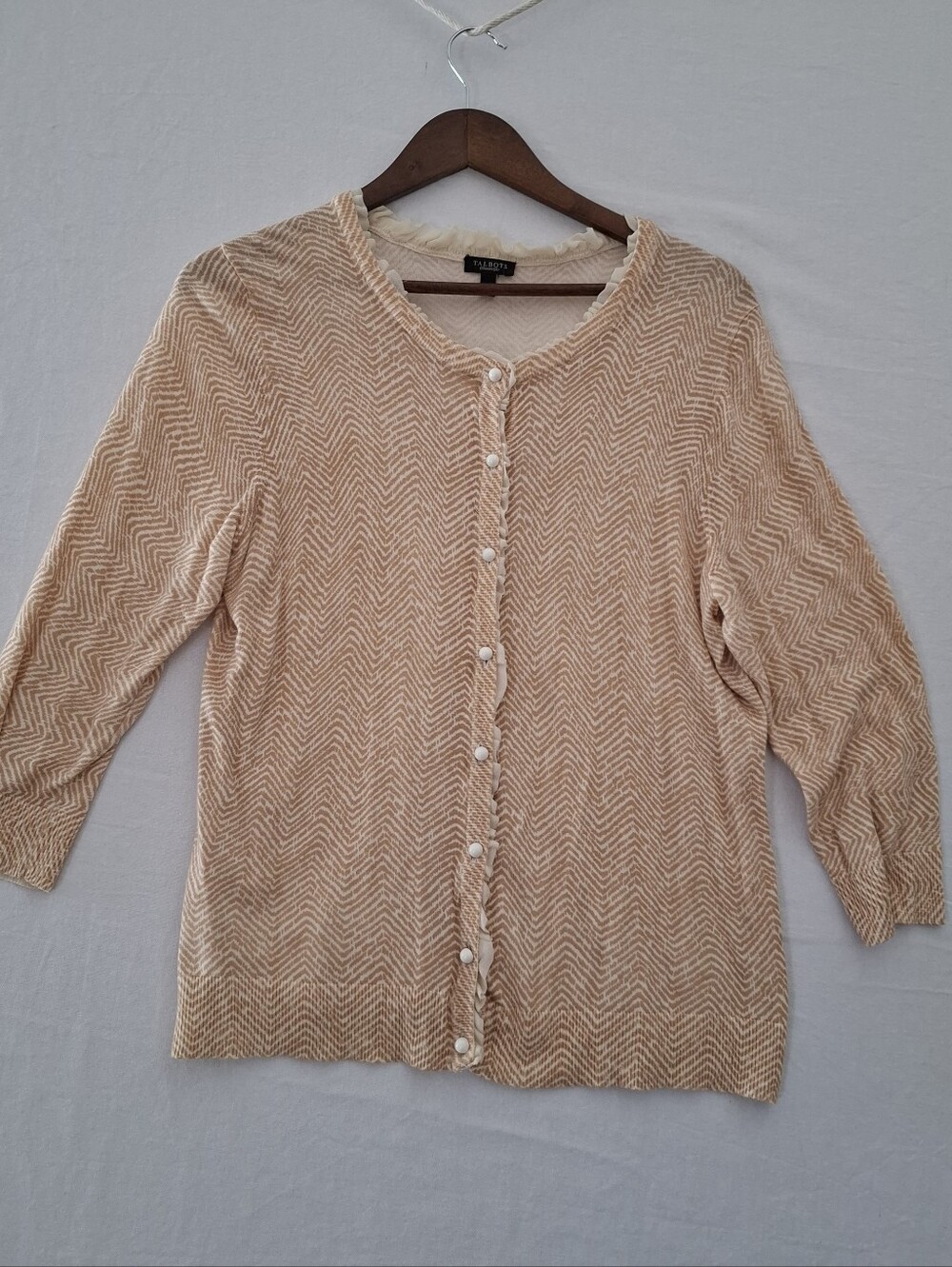Talbots Women's Tan & Cream Chevron Button-Down Cardigan 3/4 Sleeve Size Large